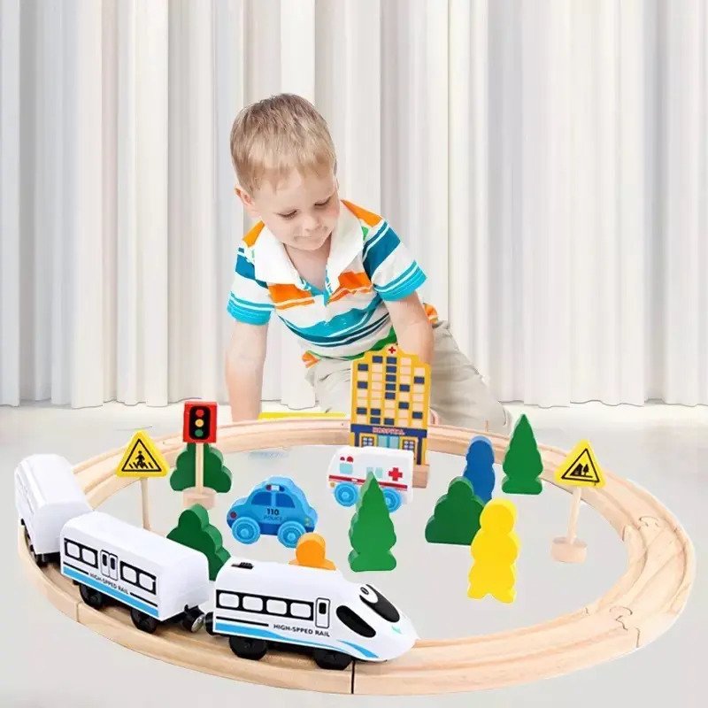 Circuito de Autos y Tren en Madera Didáctica - Montessori - Imagen 3