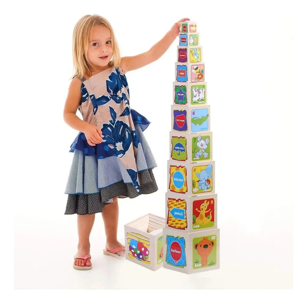 Cubo De Madera Apilable De 10 Piezas Con Imagenes Montessori Variados Colores - Imagen 2