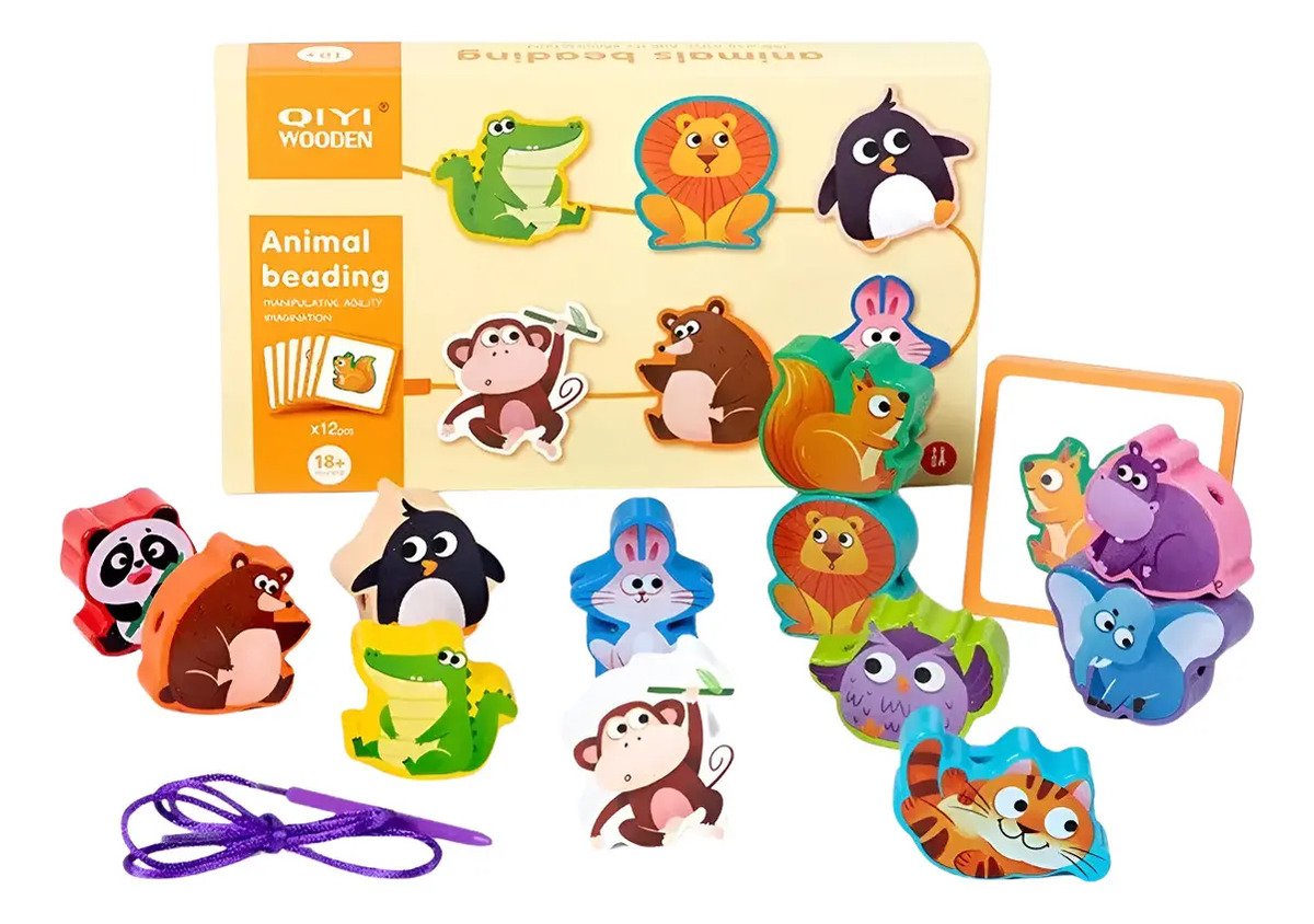Juego Montessori De Enhebrado Figuras De Madera Animales - Juguete Didáctico de Madera en Chile