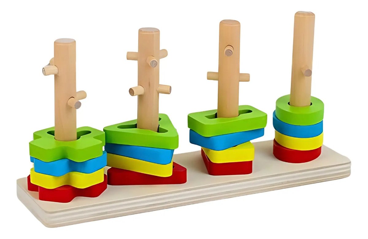 Juguete 4 Torres De Encaje Con Dificultad Madera Montessori Multicolor