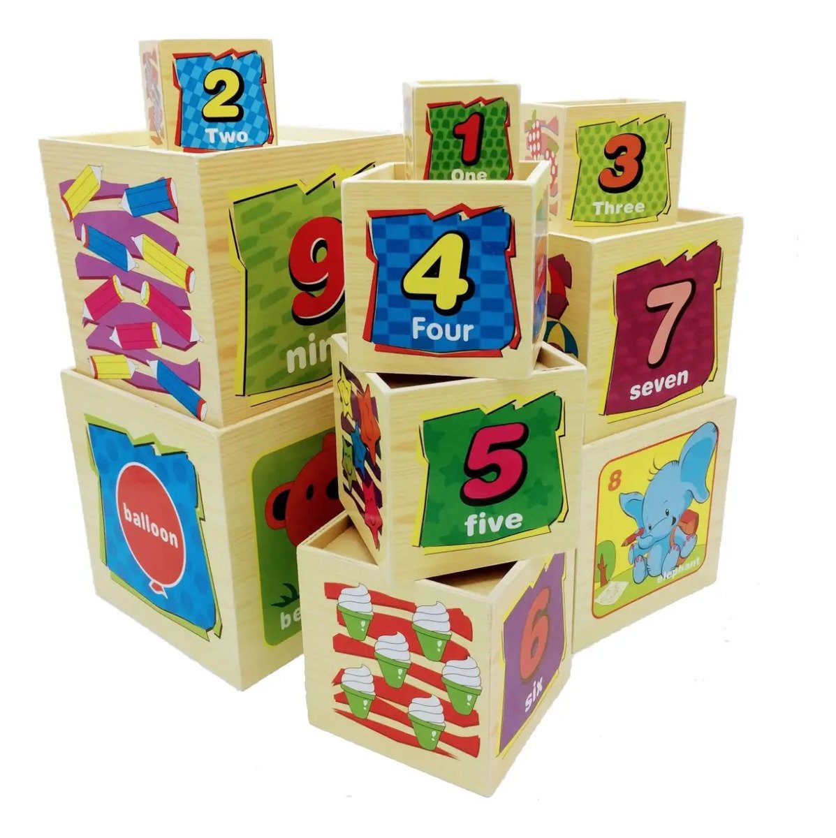 Cubo De Madera Apilable De 10 Piezas Con Imagenes Montessori Variados Colores