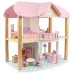 Casa de Muñecas en Madera Natural con Muebles - Montessori