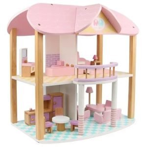 Casa de Muñecas en Madera Natural con Muebles - Montessori