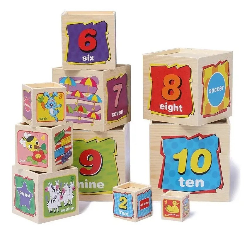 Cubo De Madera Apilable De 10 Piezas Con Imagenes Montessori Variados Colores - Imagen 3