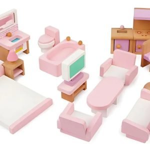Set Muebles De Madera Para Casa Muñecas 22 Piezas Montessori Rosa Claro
