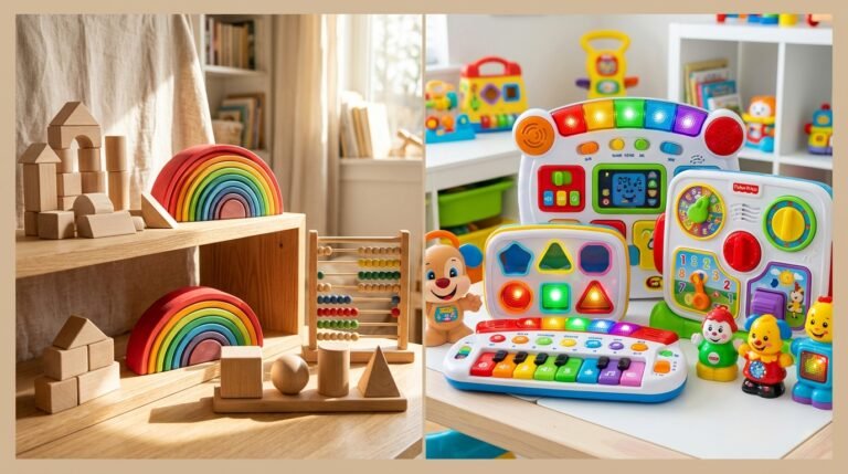 Juguetes de madera didácticos Montessori vs juguetes de plástico convencionales comparativa Chile